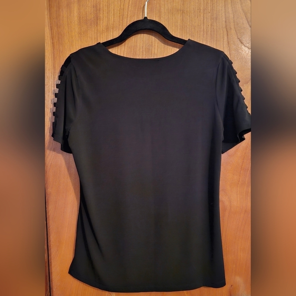 Michael Kors Black Cutout Ladder Sleeve Top | Gold Logo Detail - Picture 2 of 4